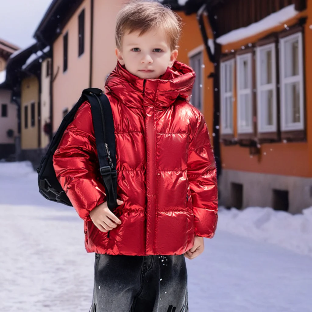 

Детская зимняя куртка-пуховик, толстое ветрозащитное пальто с капюшоном для мальчиков и девочек, модная теплая верхняя одежда с блестящей поверхностью для школьников, От 8 до 10 лет