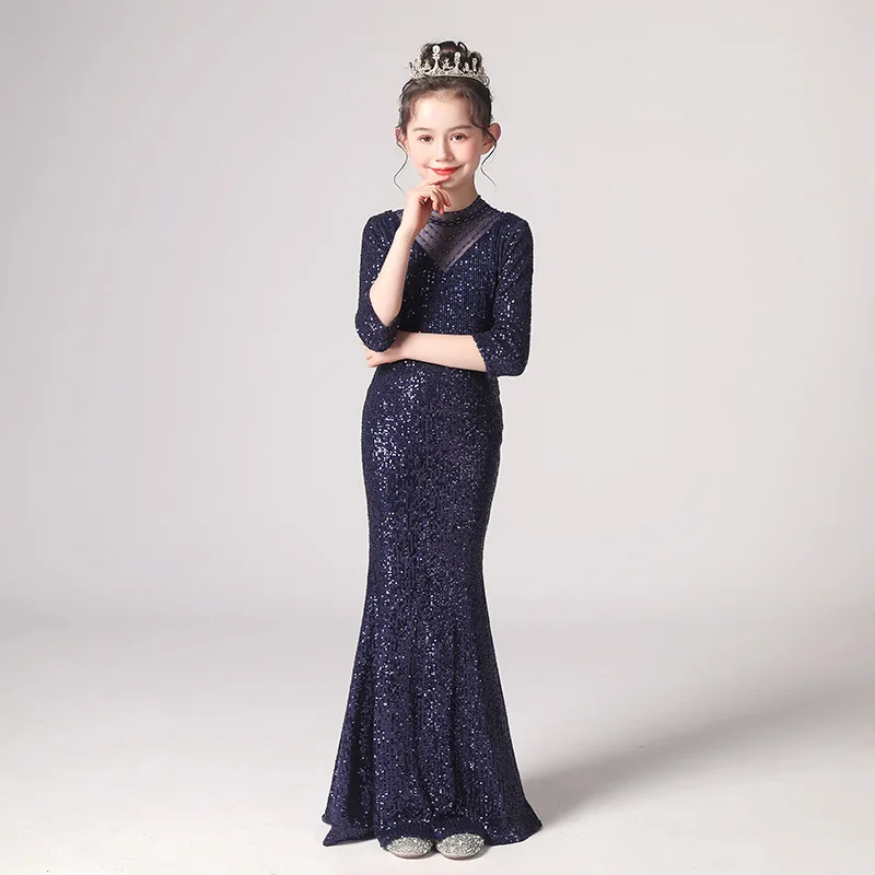 Formal Evening Gala Teen Girls Fashion Shiny Fishtail Skirt School Children Banquet Host Elegant Luxury Sequin Long Dresses