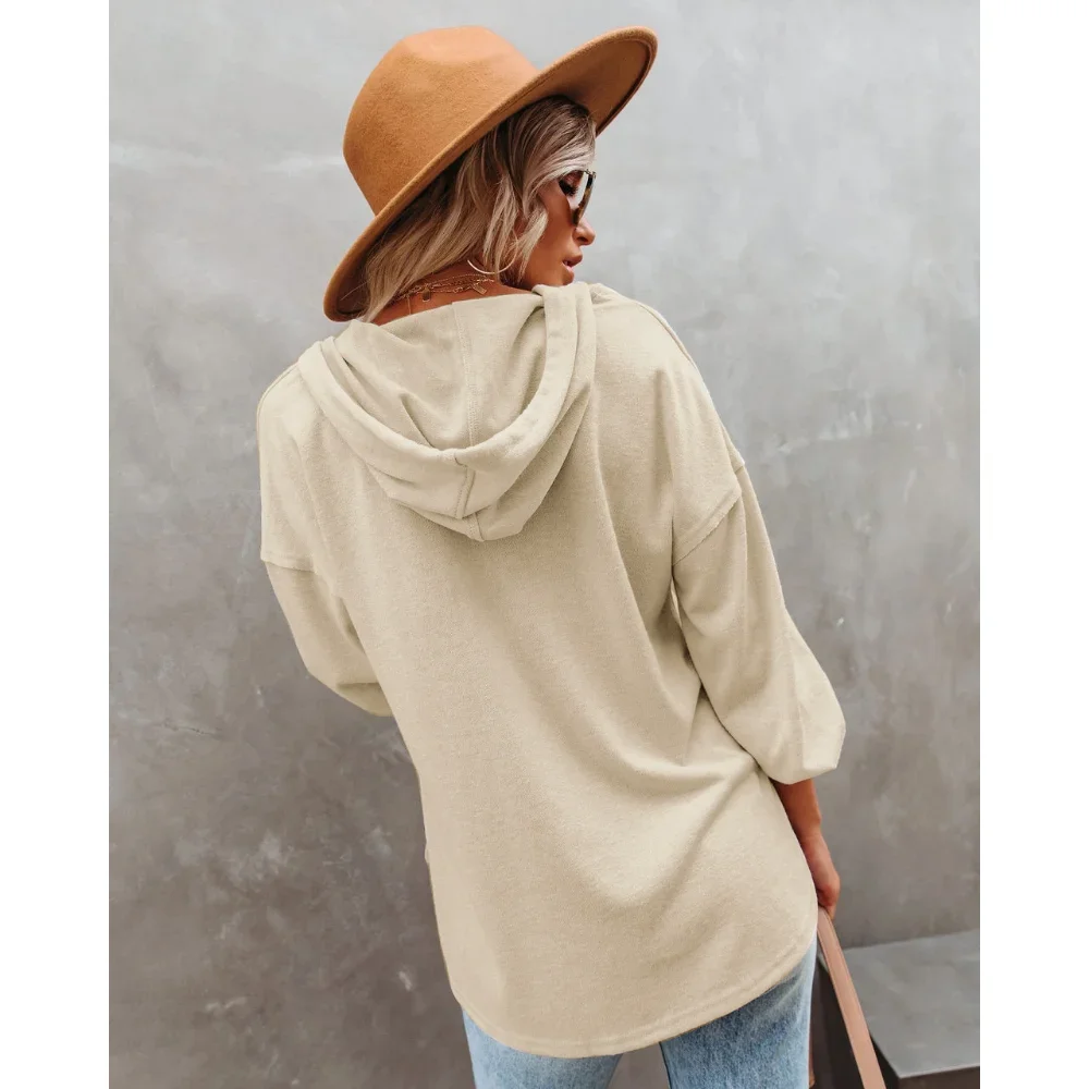 Autumn New V-Neck Long Sleeve Loose Casual Women\'s Hoodie with Drawstring Sports Sweatshirt Comfortable Leisure Women\'s Top