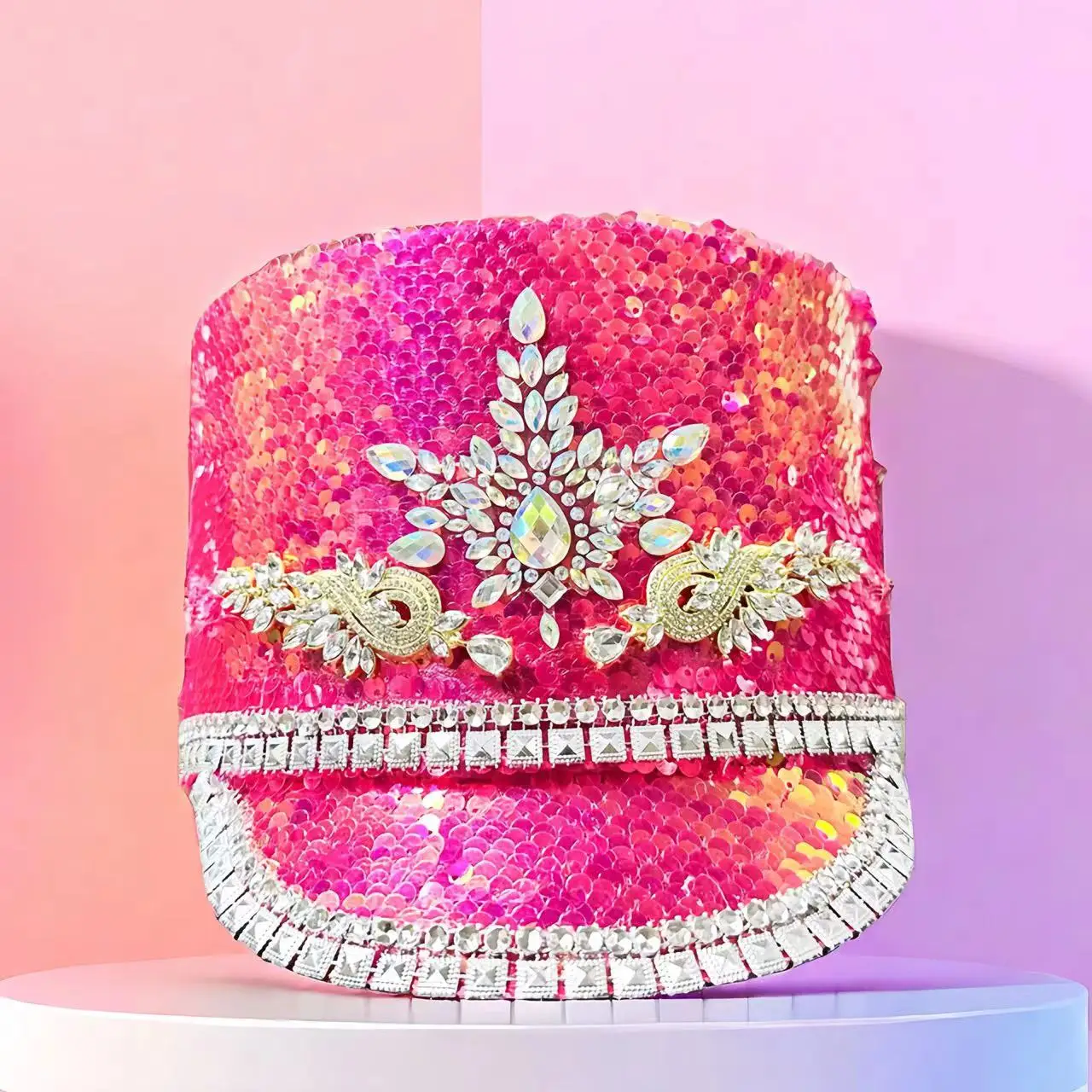 

A delicate rhinestone pink sequined fashion royal soldier top hat for bachelorette parties, adult parties, Christmas, bars