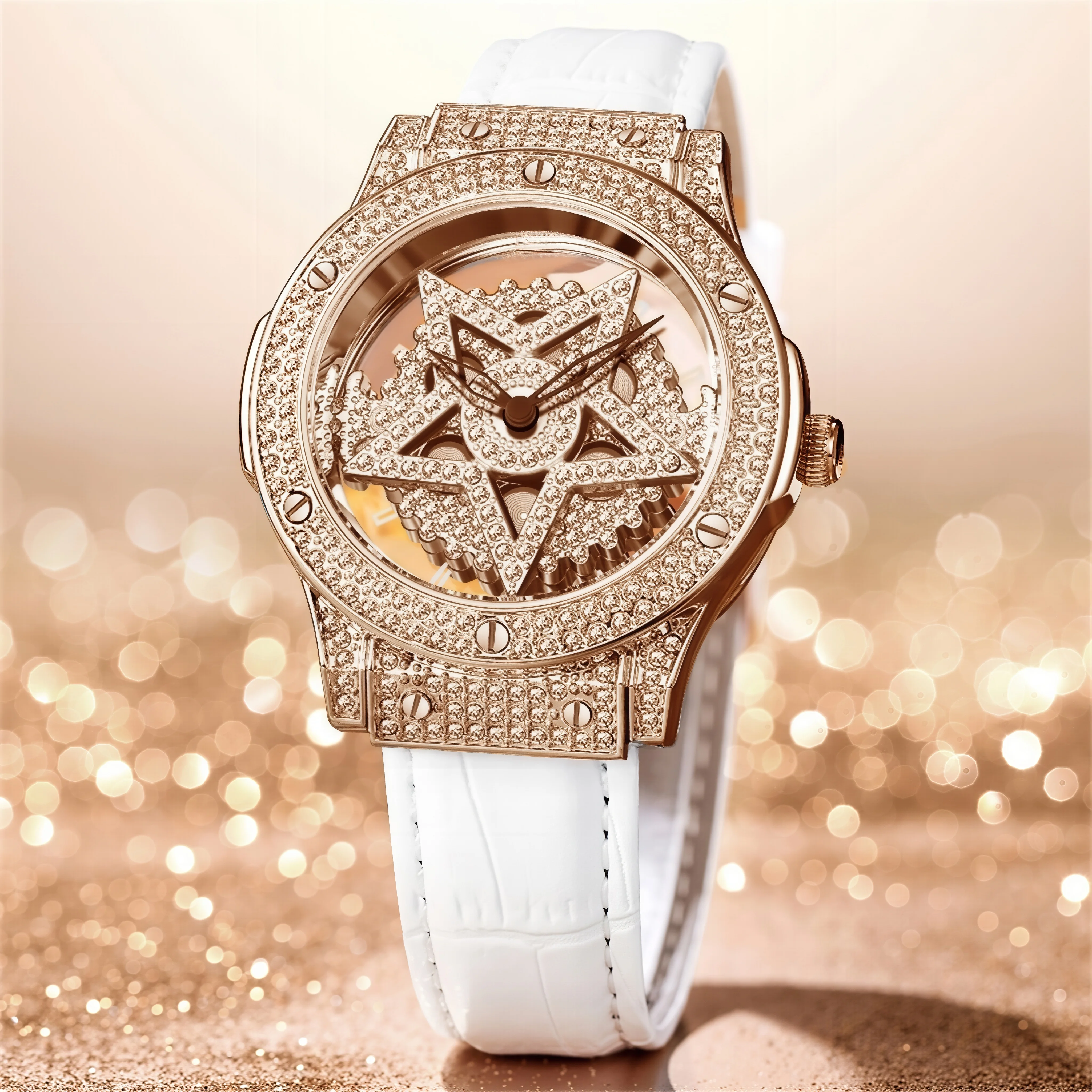 

Роскошные женские часы из розового золота с бриллиантами, белый кожаный ремешок, вращающийся циферблат со звездами, кварцевые, водонепроницаемые, модные часы, подарочная коробка на день рождения