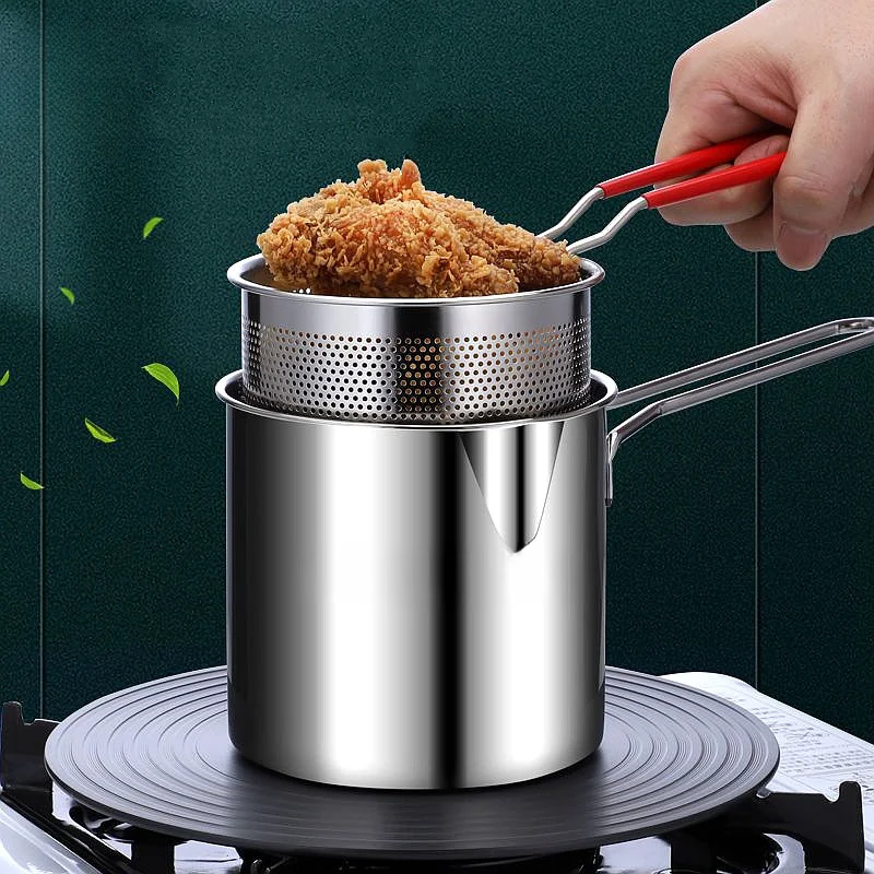 Stainless steel deep fryer pot with frying basket set pasta strainer basket for french fries mini cooking tempura pot