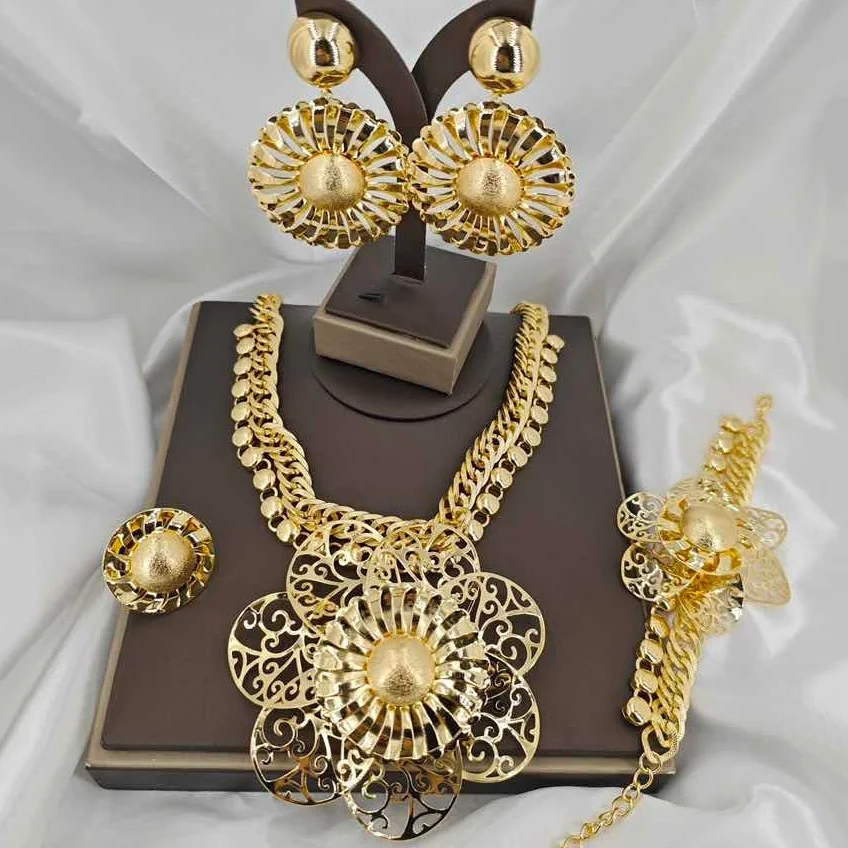 Fashion Skeleton Big Chain Huge Flower Light Weight Jewelry Set Trendy Gold Plated Necklace Bracelet Earrings Ring 4PC Jewellery