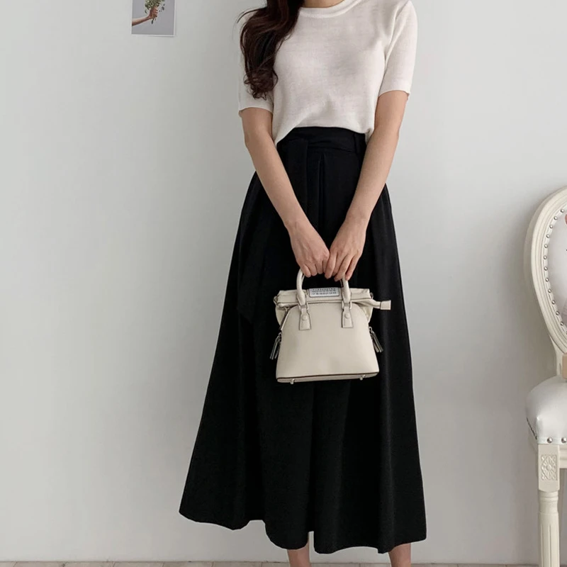 

Ele High Waist Midi Skirt Women's Pure Color Long Skirt Sli Design Korean Sle Commute A-Line Skirt Summer New Arrival