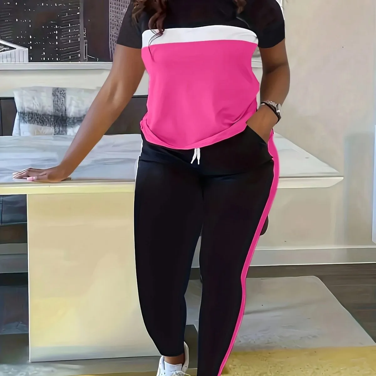 T-Shirt + Hose, Sport-Sets, Damen, lässig, kurzärmelig, gestreift, bedruckt, T-Shirts, Outfits, modisch, Jogger, elastische Hosen, zweiteilige Sets