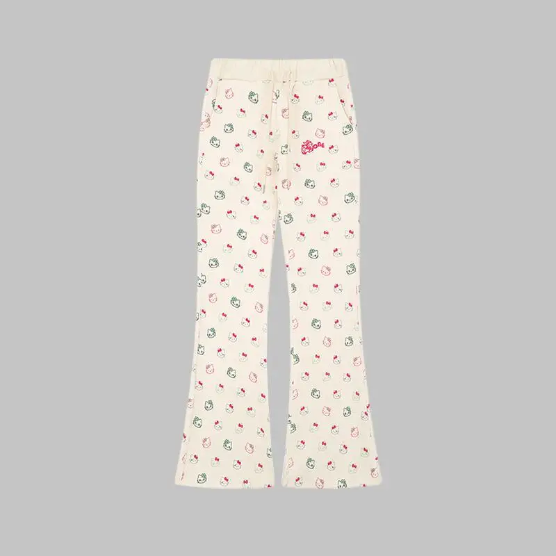 Anime hellokitty mulher roupas jovens mulheres cintura elástica calças planas estilo bonito calças casuais outono roupas femininas
