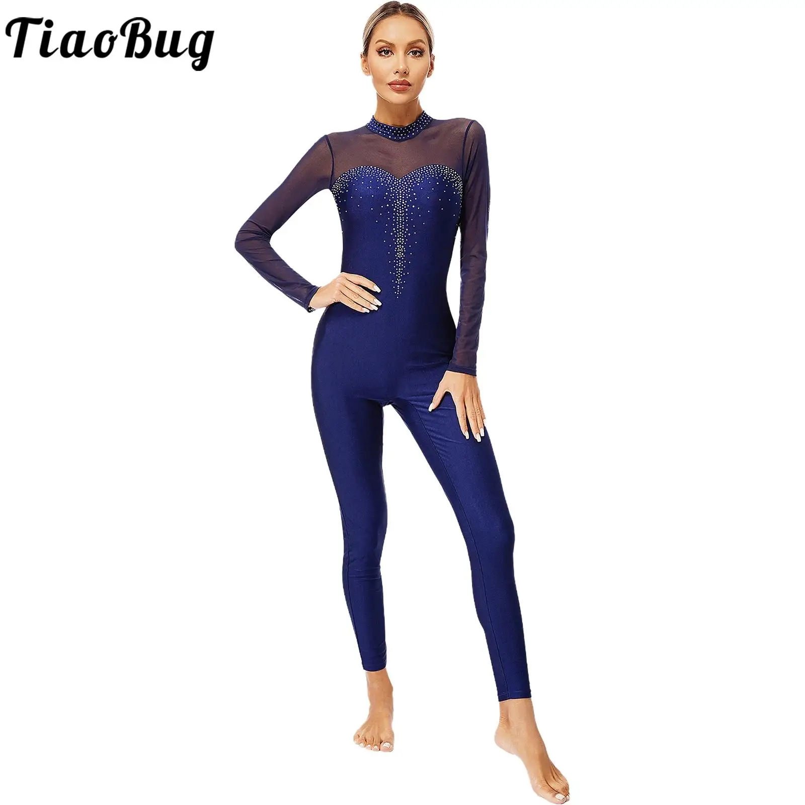 

Womens Full Body Gymnastics Bodysuit Jersey Rhinestone Sheer Mesh Figure Skating Jumpsuit Ballet Performance Dance Wear