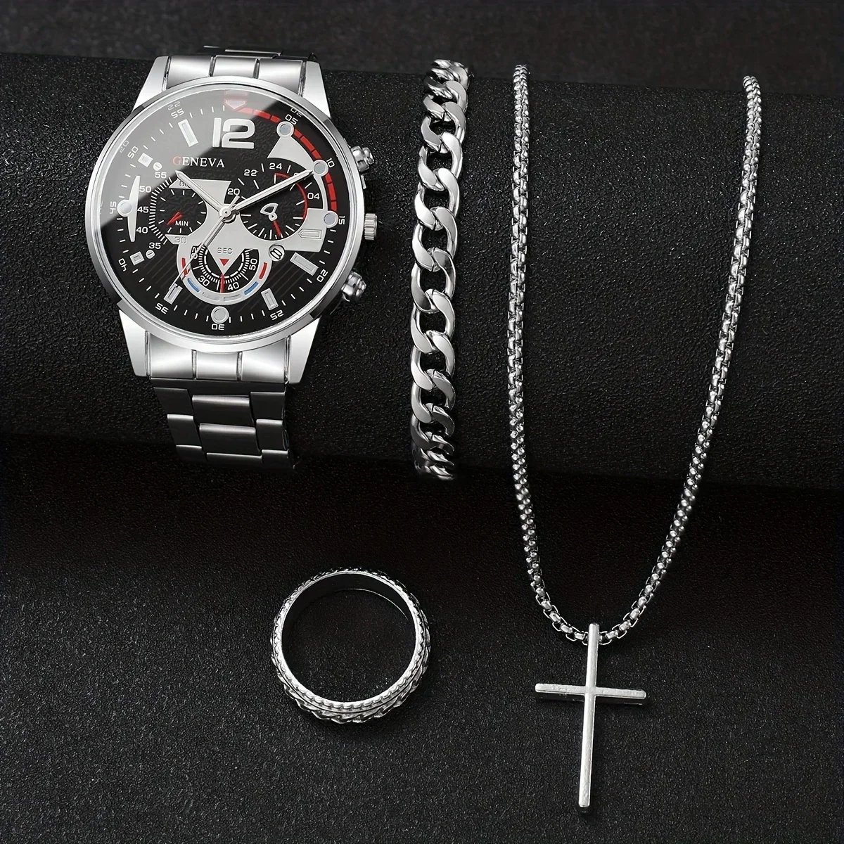 

Набор из 4 предметов: роскошные мужские кварцевые часы из золотого сплава с римскими цифрами, крест, ожерелье, браслет, кольцо. Подарок для мужчин.