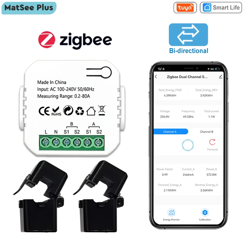 ZigBee Energy Meter Bidirectional 1, 2 Channel with Current Sensor Tuya Smart App Monitor Power 80A 110V/240V Gateway Required