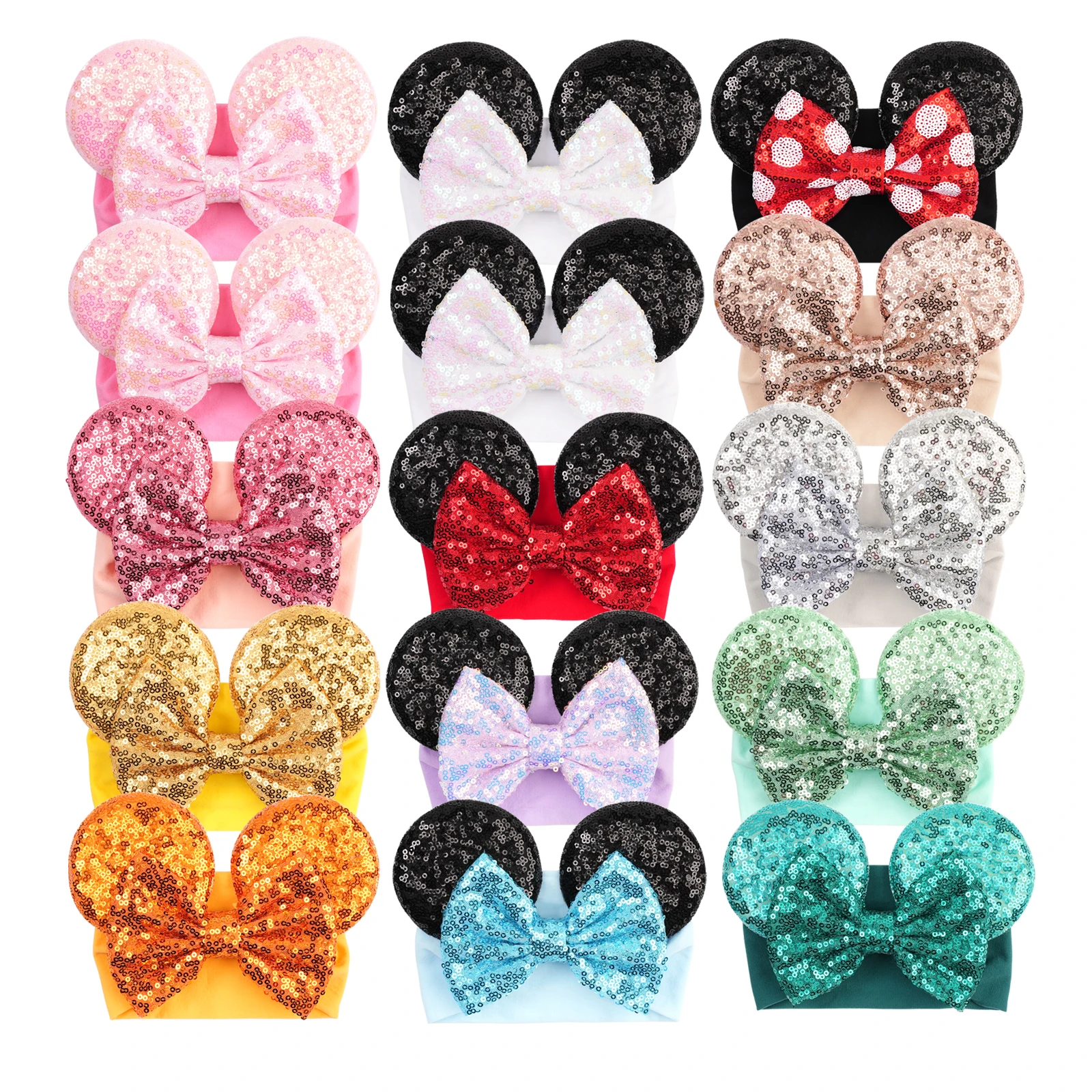 2025 recién llegado, diadema con lazo para el pelo de lentejuelas de 5 "para bebé, diadema elástica lisa de algodón, venta al por mayor, accesorios europeos para el cabello para niñas