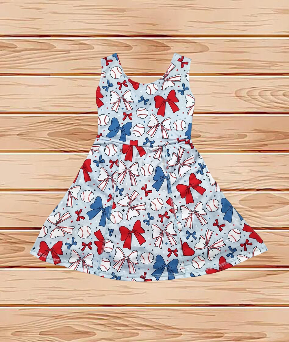 

4.12 Wholesale Western Boutique children clothing Baby Girls Baseball 4th Of July Yoga Active Wear Skort Knee Length Dresses