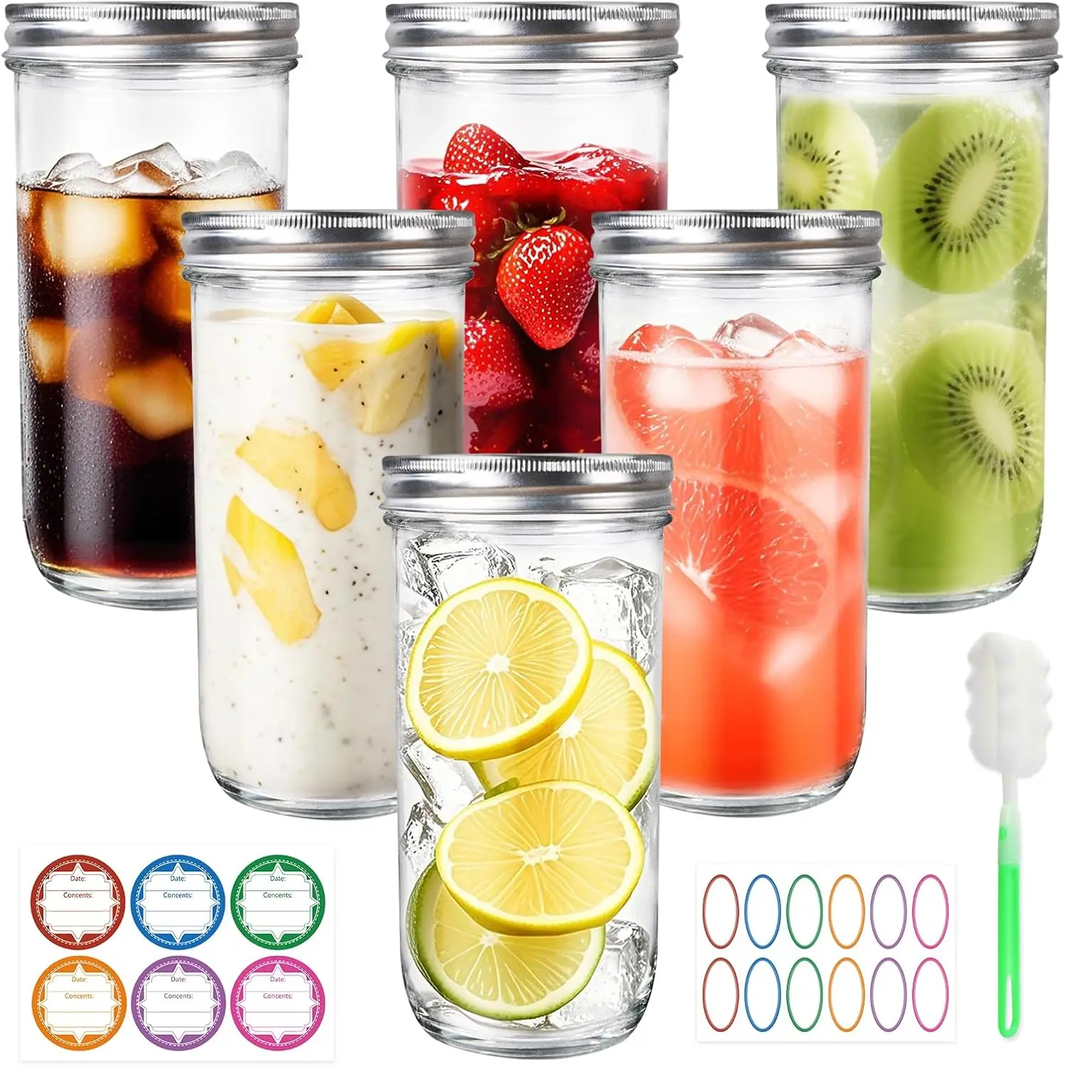 Jars Wide Mouth 6 Pack, 24oz Glass Canning Jars with Airtight Lids, Brush, Labels - for Pickling, Fermenting, Food Storage, O