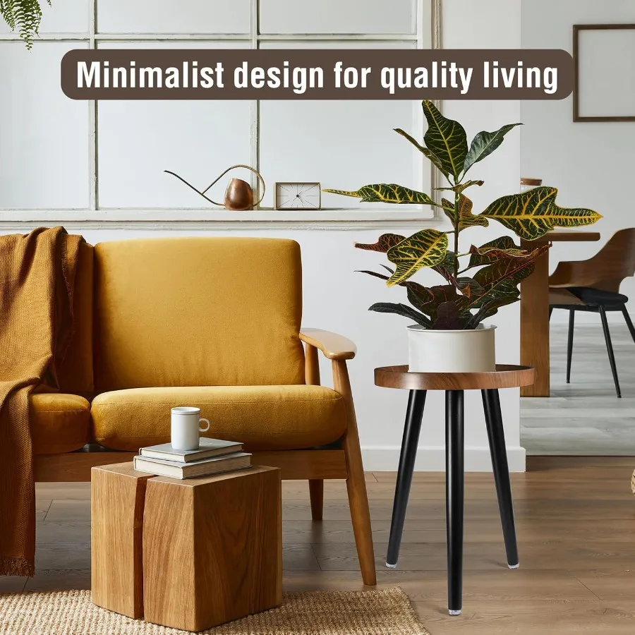 حامل نباتات داخلي من الخشب في منتصف القرن بلمسة نهائية من خشب الجوز، حامل نبات طويل القامة لوعاء الزهور، علامة تبويب جانبية صغيرة مستديرة حديثة #6