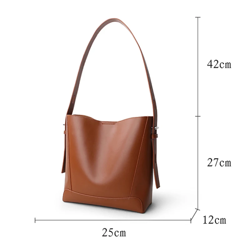 Female Large Capacity Genuine Leather Shoulder Bag Fashion Lady Commute Messenger Bag Solid Color Classic Women Bucket Tote Bags