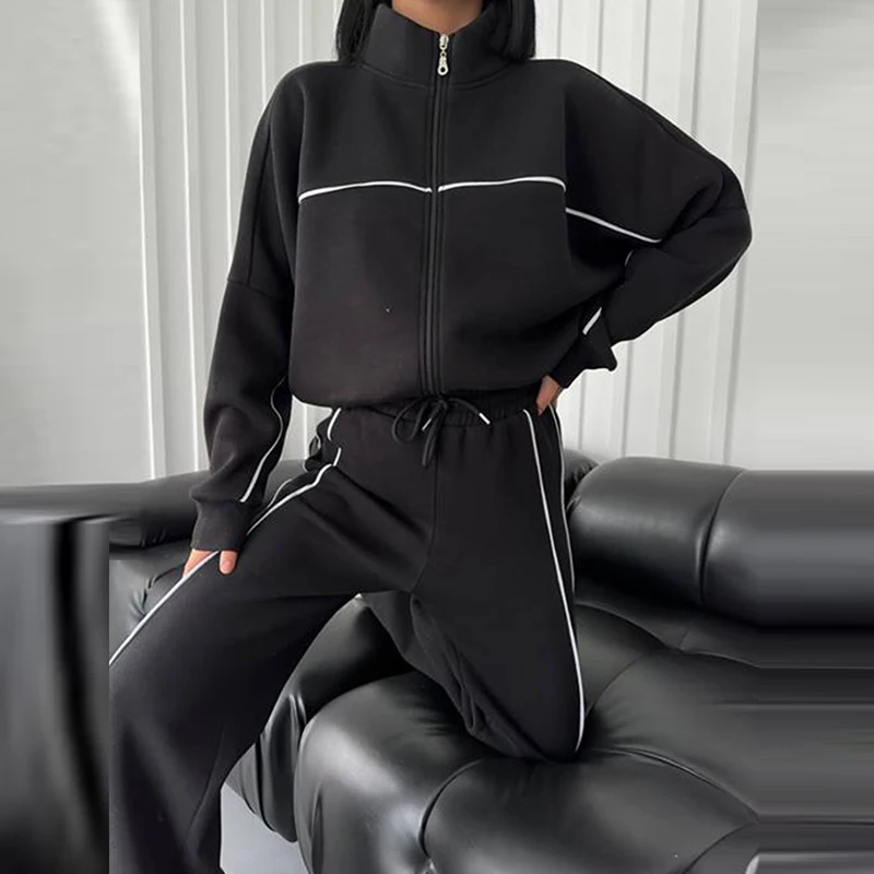 Fashion Patchwork Long Sleeve Coat&Elastic Pants Suits Lady Simple Commute Zipper Outfit Autumn Winter New Casual Sport 2PC Sets