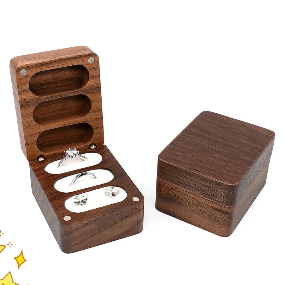 Customized Black Walnut Portable Jewelry Box High-end Exquisite Storage Wedding Ring Earrings Box Gift Three Compartments