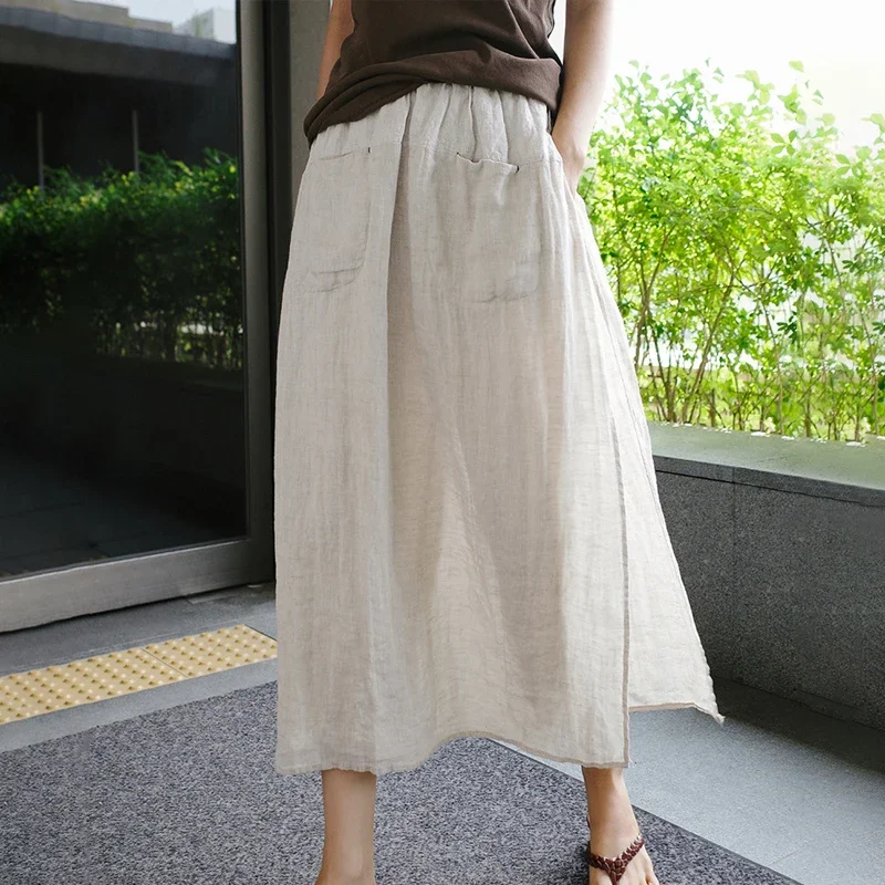 100% Linen Long Skirts For Women Fashion 2023 Solid High Waist Side Spilt Harajuku Pants Skirt Jupe Longue Femme