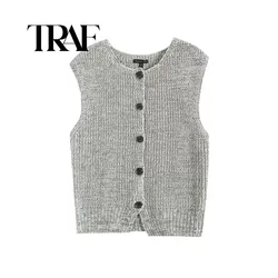 TRAF Chic Knitted Vests Top For Women Casual Single-Breasted Knitwear Cardigan Tank Sweater Female Solid Sleeveless Tops