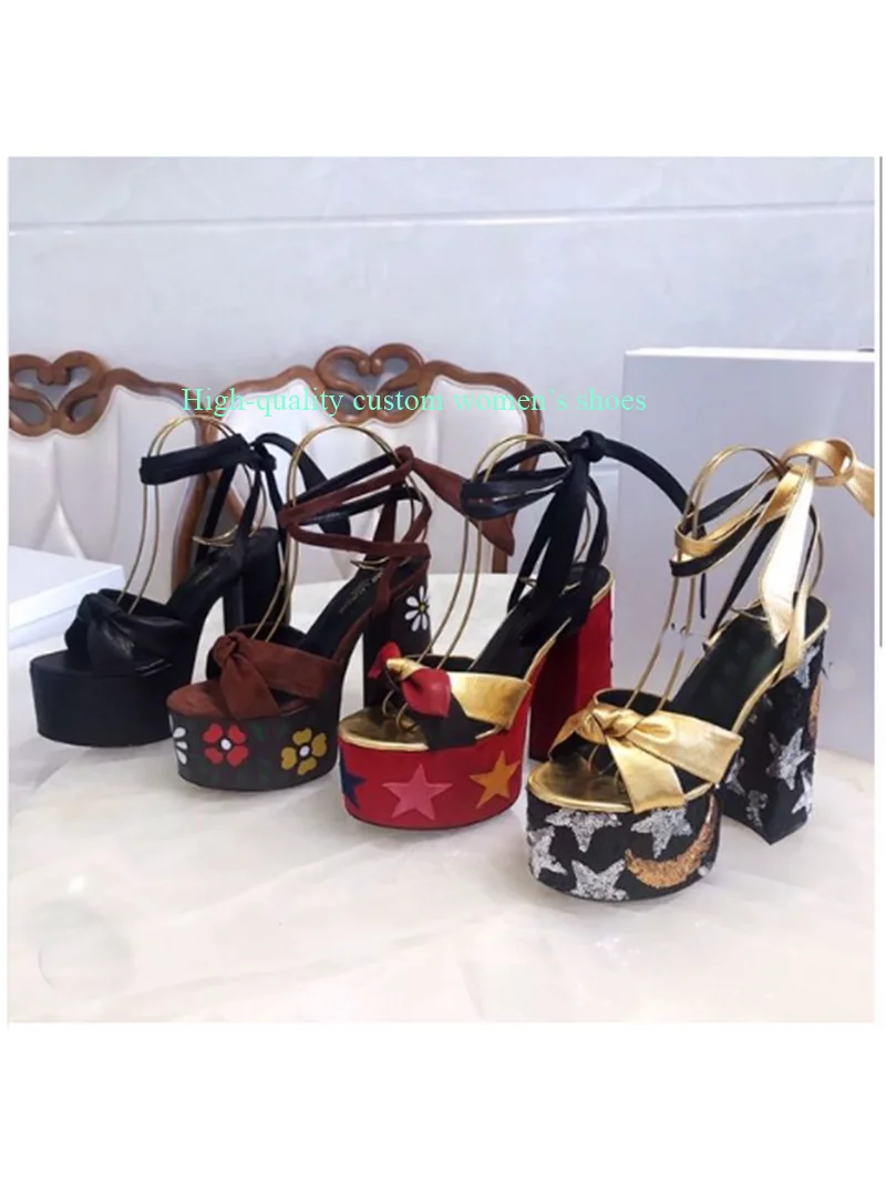 

Super High Waterproof Platform Round Head Toe Bow Decorative Unique Heels Star Decoration Low-Cut Sandals Sell Like Hot Cakes