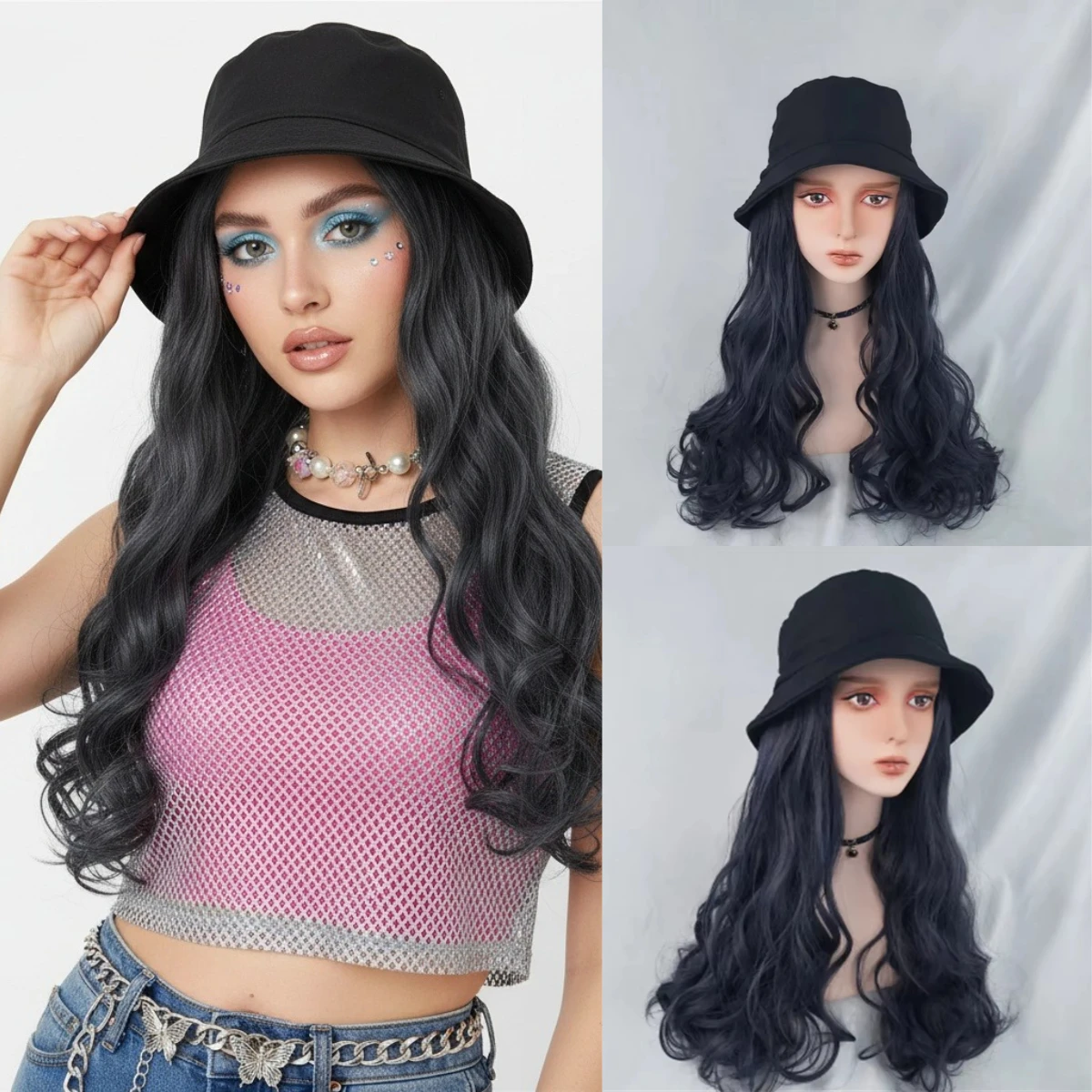 Women's Synthetic Hat Wig Long Fluffy Curly Waves Blue Wig Heat Resistant Wig for Cosplay Daily Party Wear