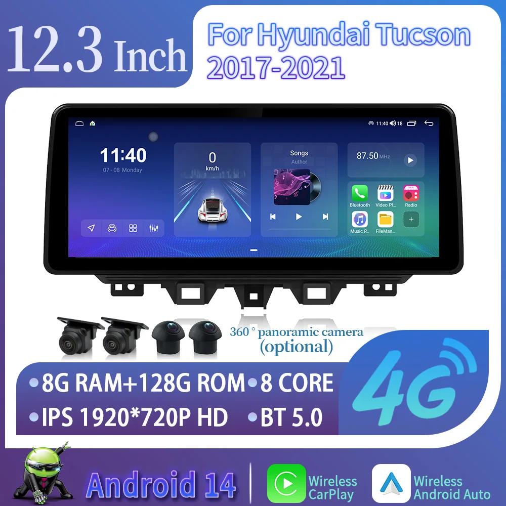 

12.3 inch Screen For Hyundai Tucson 2017-2021 Car Radio Multimedia Navigation Wireless BT CarPlay 4G GPS Android 14 Multimedia