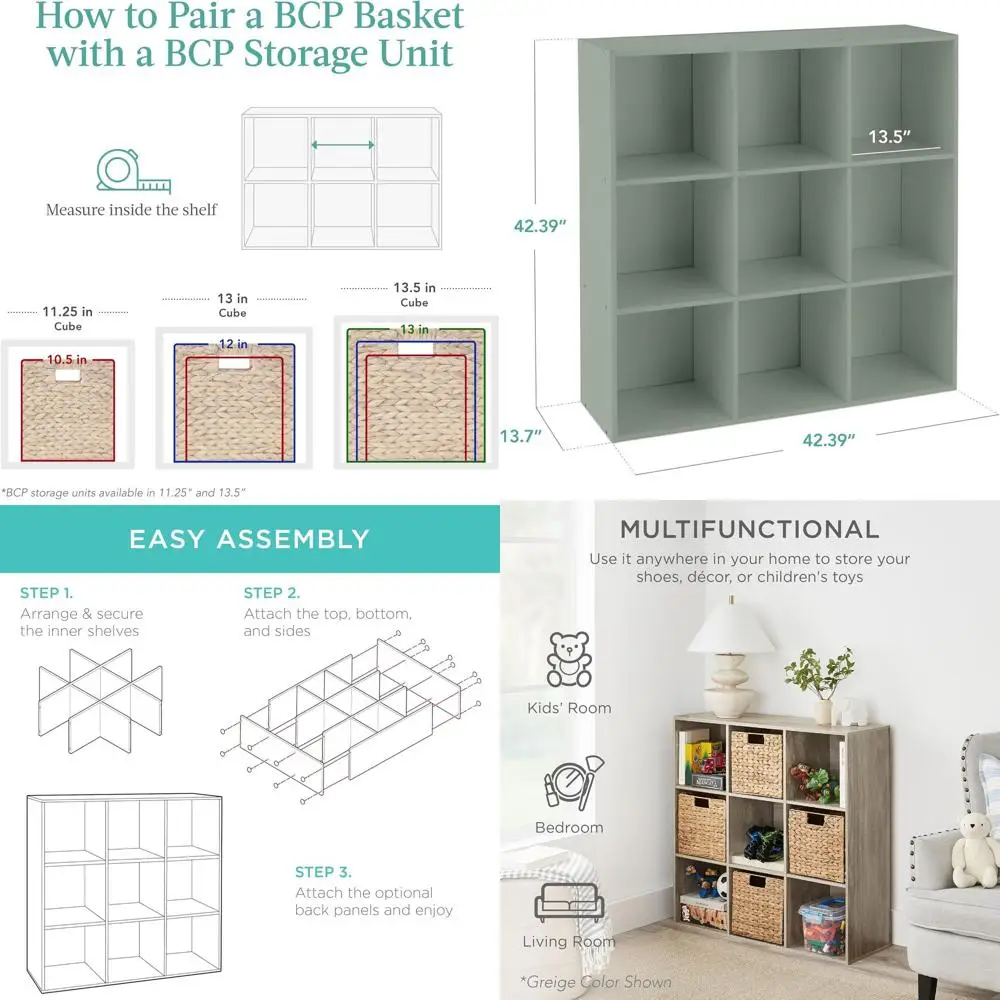 

9-Cube Kids' Bookshelf Organizer with 13.5 Openings, Sage, Removable Back Panels for Customization