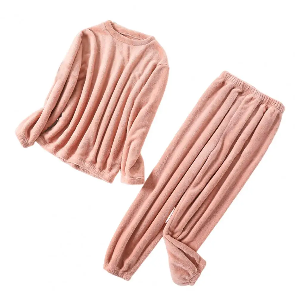 2Pcs/Set Casual Women Pajamas Set O-neck Long Sleeve Tops Elastic Waist Long Pants Soft Coral Fleece Loungewear Set