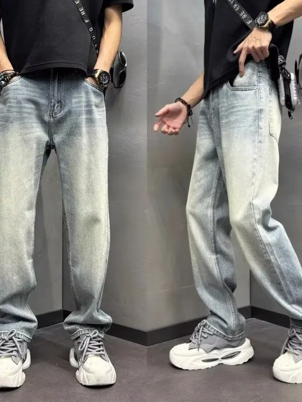 

Retro Washed American Casual Men's Jeans Straight Loose Fashionable Wide Leg Long Pants Spring 2026 Comfortable Soft Denim