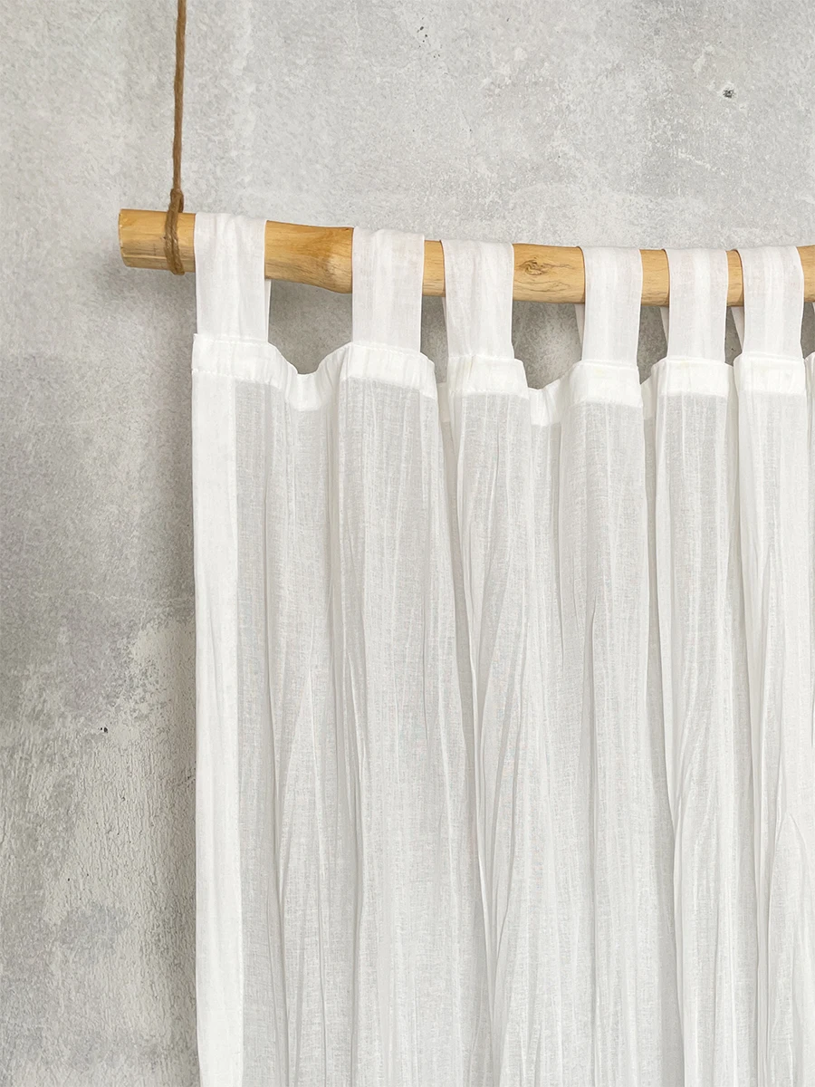 Natural Cotton Linen White Translucent Curtains for Living Room,High-end Wrinkled Gauze Curtains for Bedroom, Suspenders Top