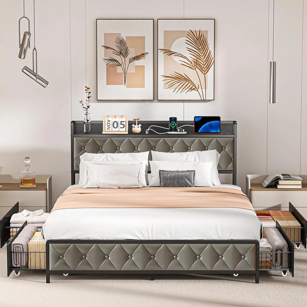 

Queen Bed Frame with Button Headboard, PU Leather, All-Metal Platform Bed Frame Queen Size with Storage and Outlets, Easy to Ins