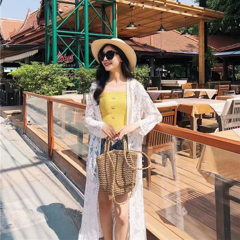 2024 Dress Beach White Lace Summer Maxi Dress Women Long Sleeve Beach Cover Up Sexy See Through Boho Bikini Beachwear Cover-ups