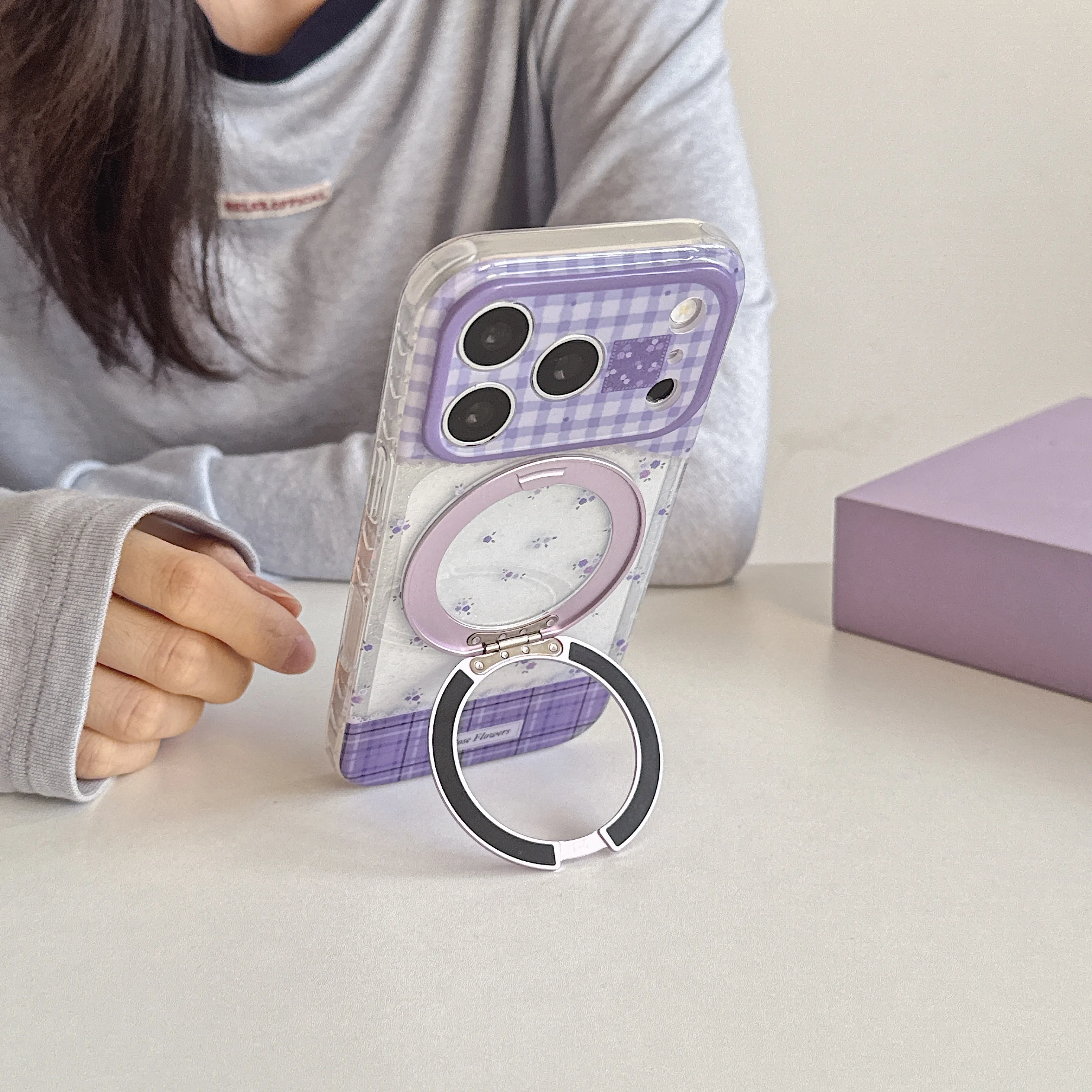 Fashion Purple Tiny Rose With Magnetic Phone Case With Rotatable Ring Kickstand For iPhone 17 16 15 Pro Max Shockproof Cover
