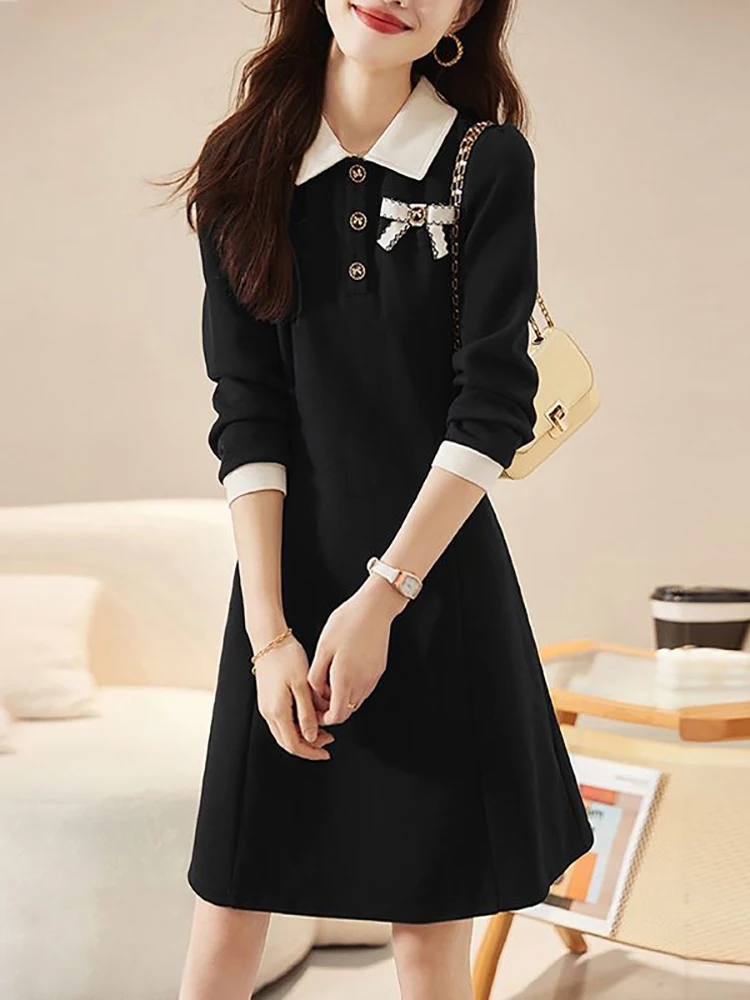 

Черное вязаное платье миди с длинным рукавом и бантом для женщин, осеннее корейское винтажное офисное женское платье 2025 года, элегантное праздничное платье