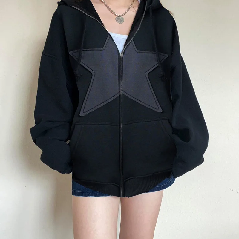 

American Hoodies Women Street Hip Hop Star Embroidered Zipper Pocket Sweater Loose Relaxed Sweater Coat 2023 Autumn New Cardigan