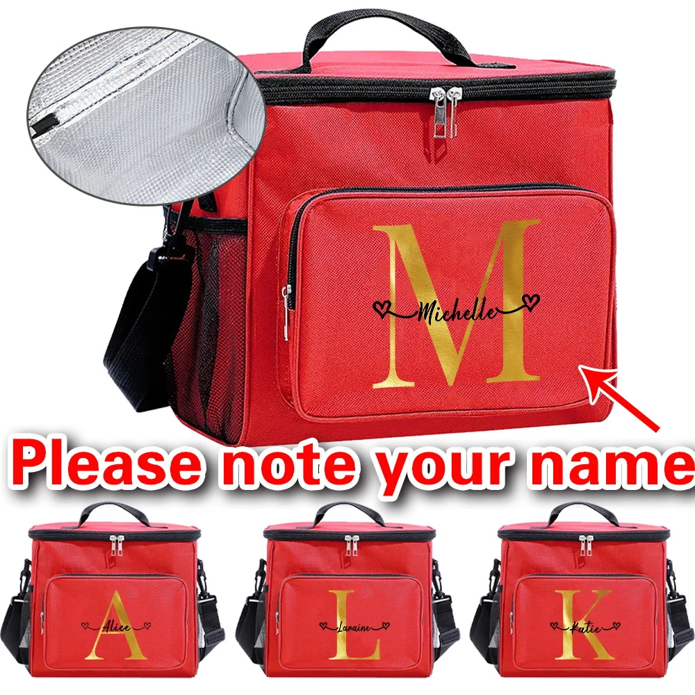 Customizable Name Red Lunch Bag Insulated Handbag Multi Functional Picnic Lunch Box Waterproof Lunch Box Gold Letter Series