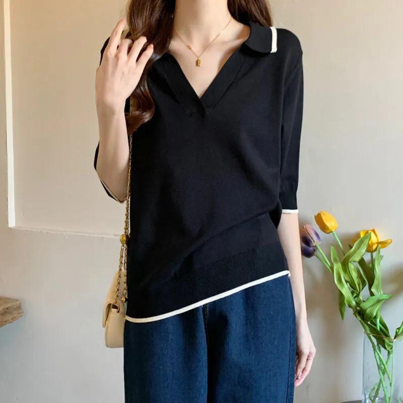 الكورية Sle فضفاض التخسيس Ne ort Sve تي شيرت محبوك المرأة الصيف جديد كبير الحجم تنوعا تنفس V-Ne