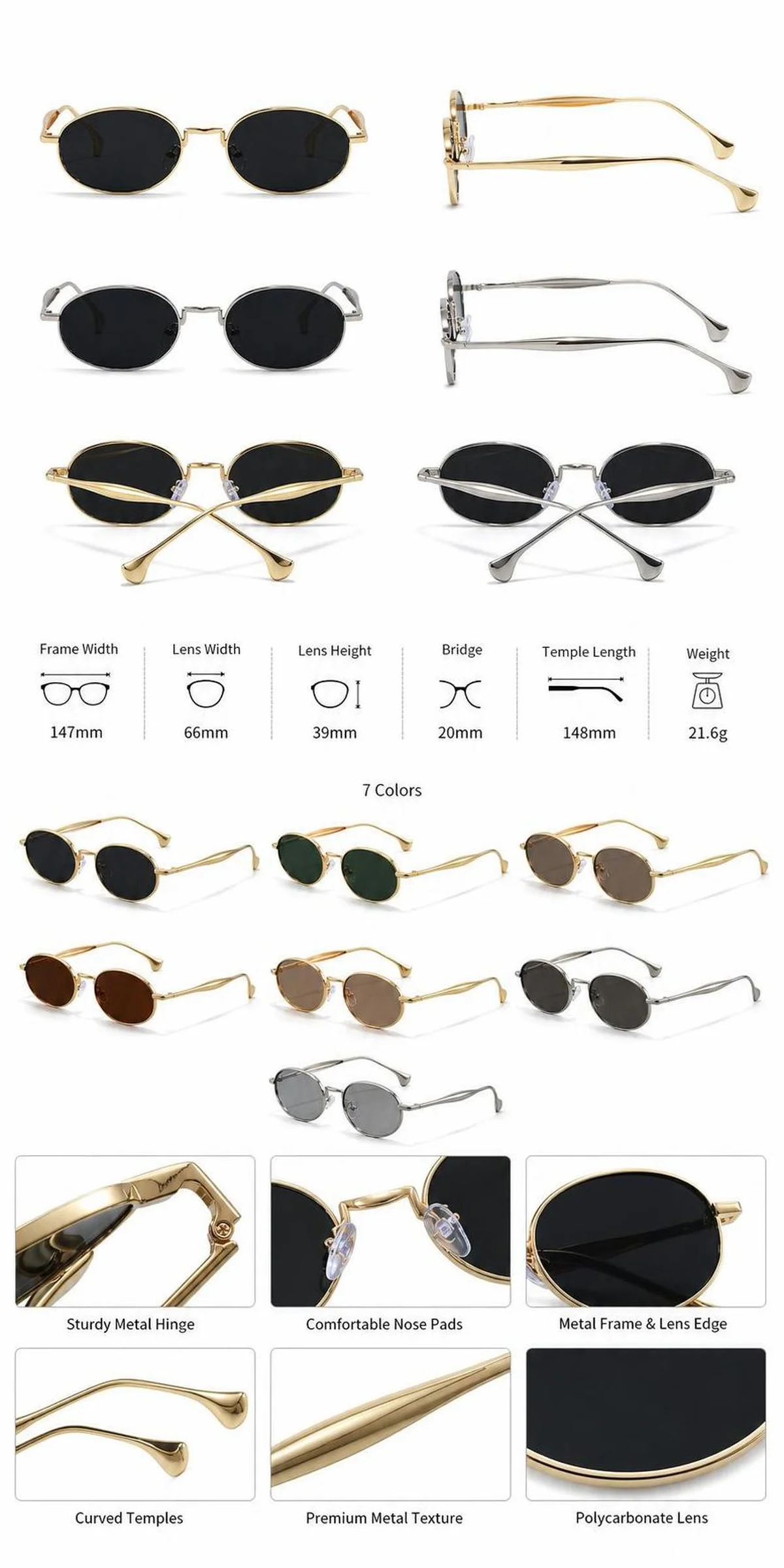 Luxury Trend Retro Small Oval Metal Frame Sunglasses UV400 Protection Anti Glare Lightweight Eyewear for Driving Travel Outdoor