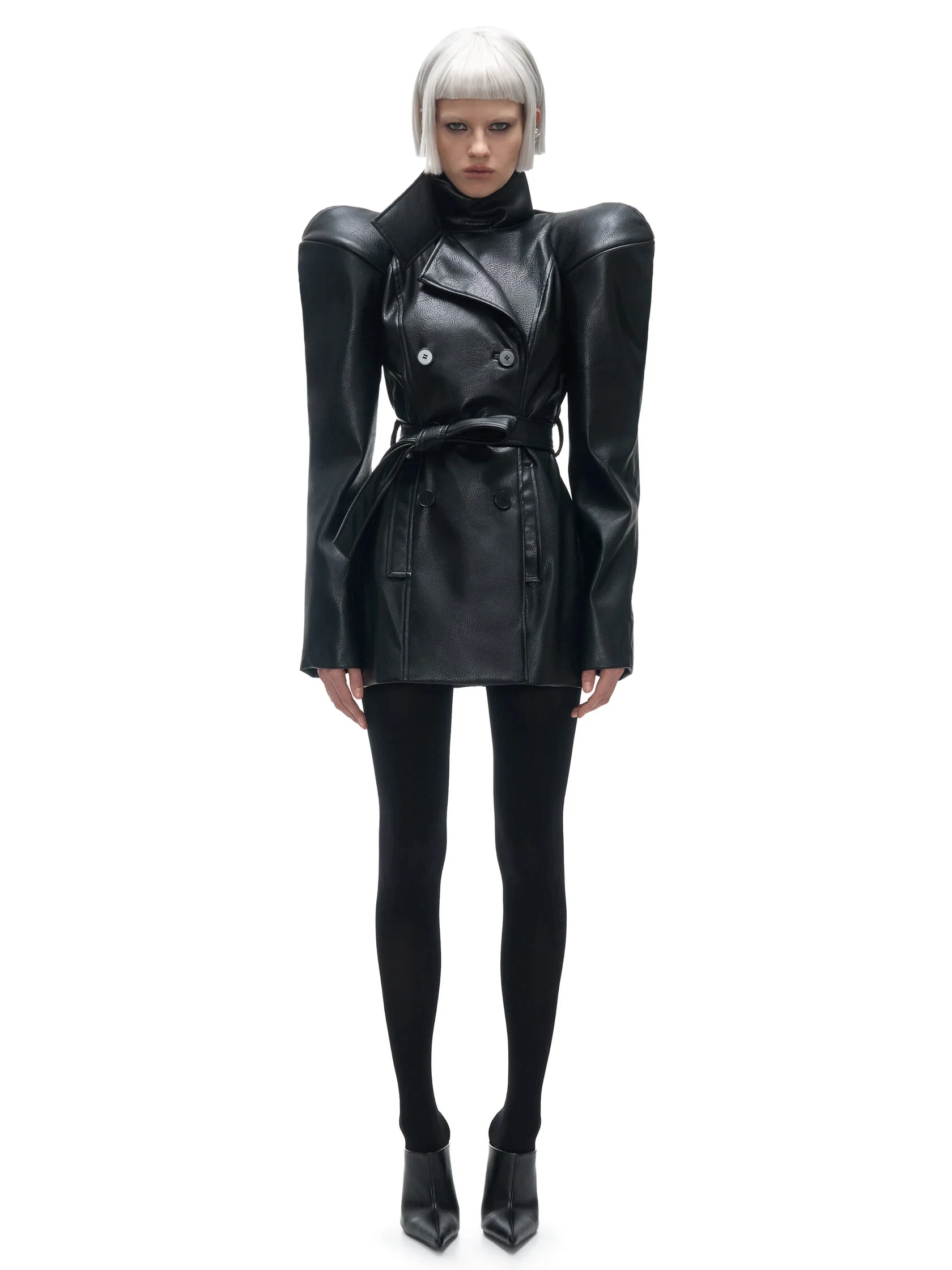 Laur 2026 Women Faux Leather Mini Trench Coat Extreme Shoulder Pads Double Breasted Belted Gothic Punk Short Jacket