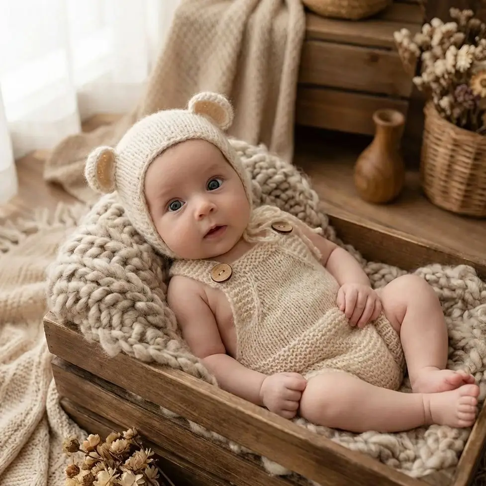 Newborn Photography Props Crochet Knitted Romper Hat Set Cute Baby Boy Girl Photo Shooting Outfit Infant Costume