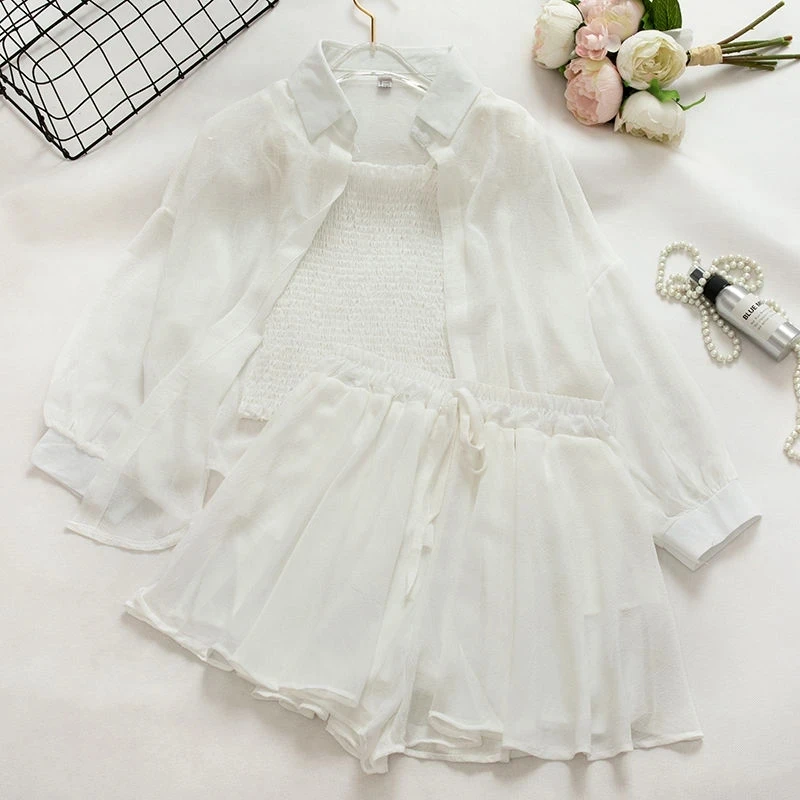 Korea 2024 Summer Sleepwear Fashion Three-piece Suit Women Casual Camisole Vest Sunscreen Shirt Chiffon Top Shorts Suit Pajamas