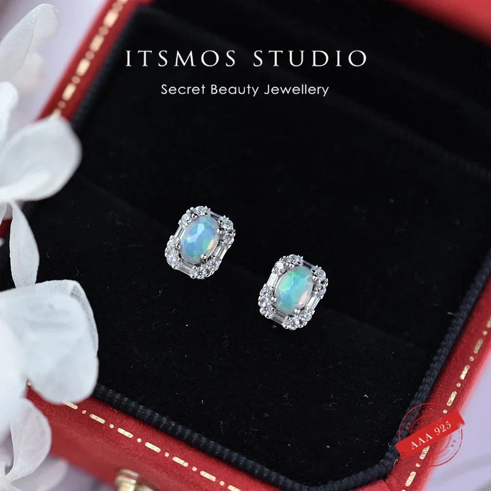 

ITSMOS Fire Opal Earrings S925 Sterling Silver Studs Simple Everyday Faceted Stone Pave CZ Earrings for Women Bridal Gift