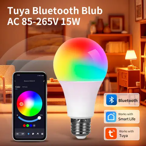 블루투스 스마트 LED 전구, 투야 스마트 라이프 앱 제어, 색상 변경 가능, RGB 램프 타이밍 기능, 밝기 조절 가능, 15W AC 85-265V E27
