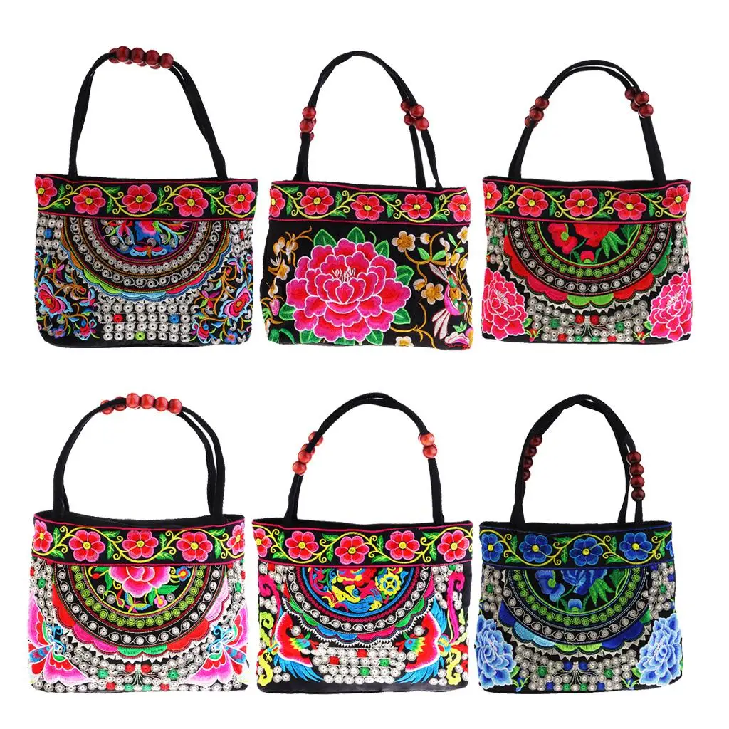 Retro กระเป๋าถือสตรี Double Faced ดอกไม้ Tote เย็บปักถักร้อยไหล่กระเป๋า 31x51 ซม