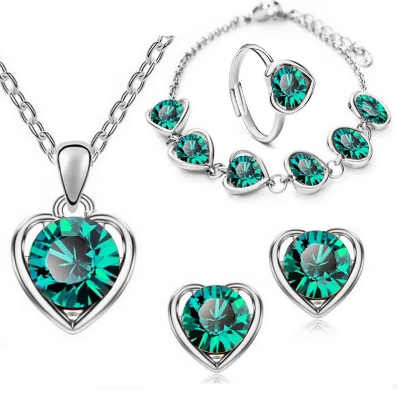 Exquisite Personality Four-piece Jewelry Fashion Heart-shaped Necklace Earrings Bracelet Ring Wedding Classic Photo Gift