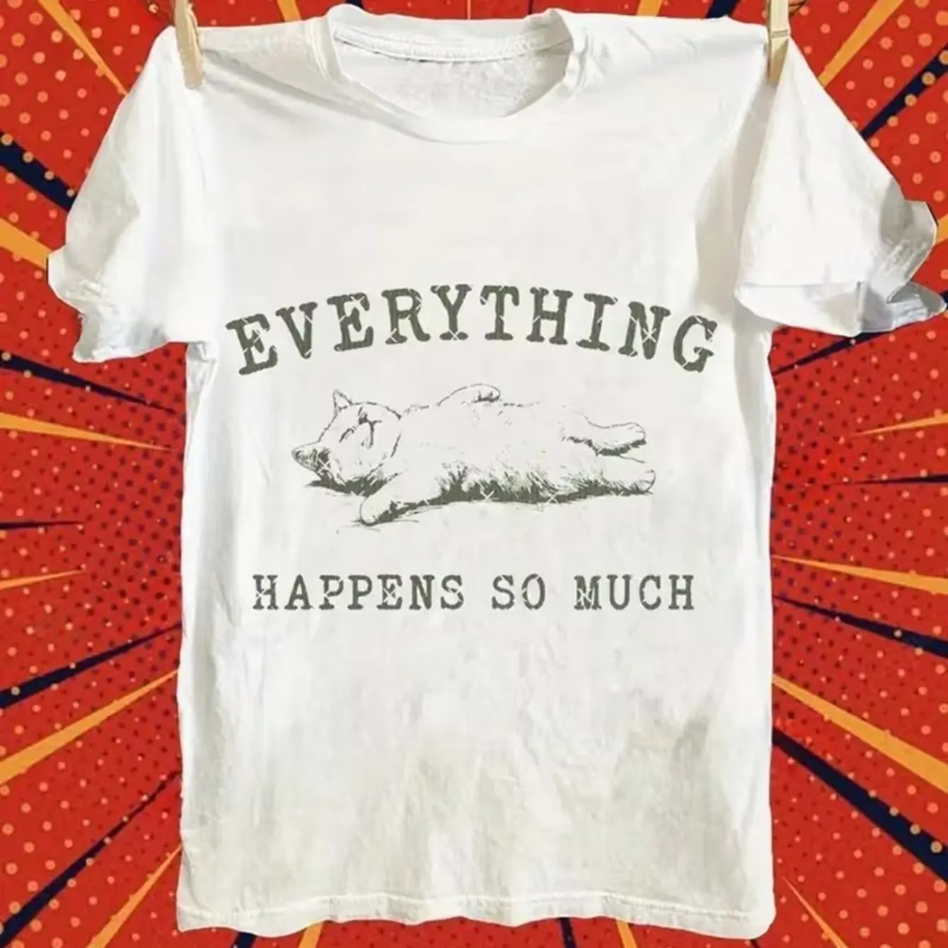 Men's Casual T-shirt with Fun Sleeping Cat Pattern Everything Happens So Much Print, Retro Style Top, Comfortable Street T-shirt