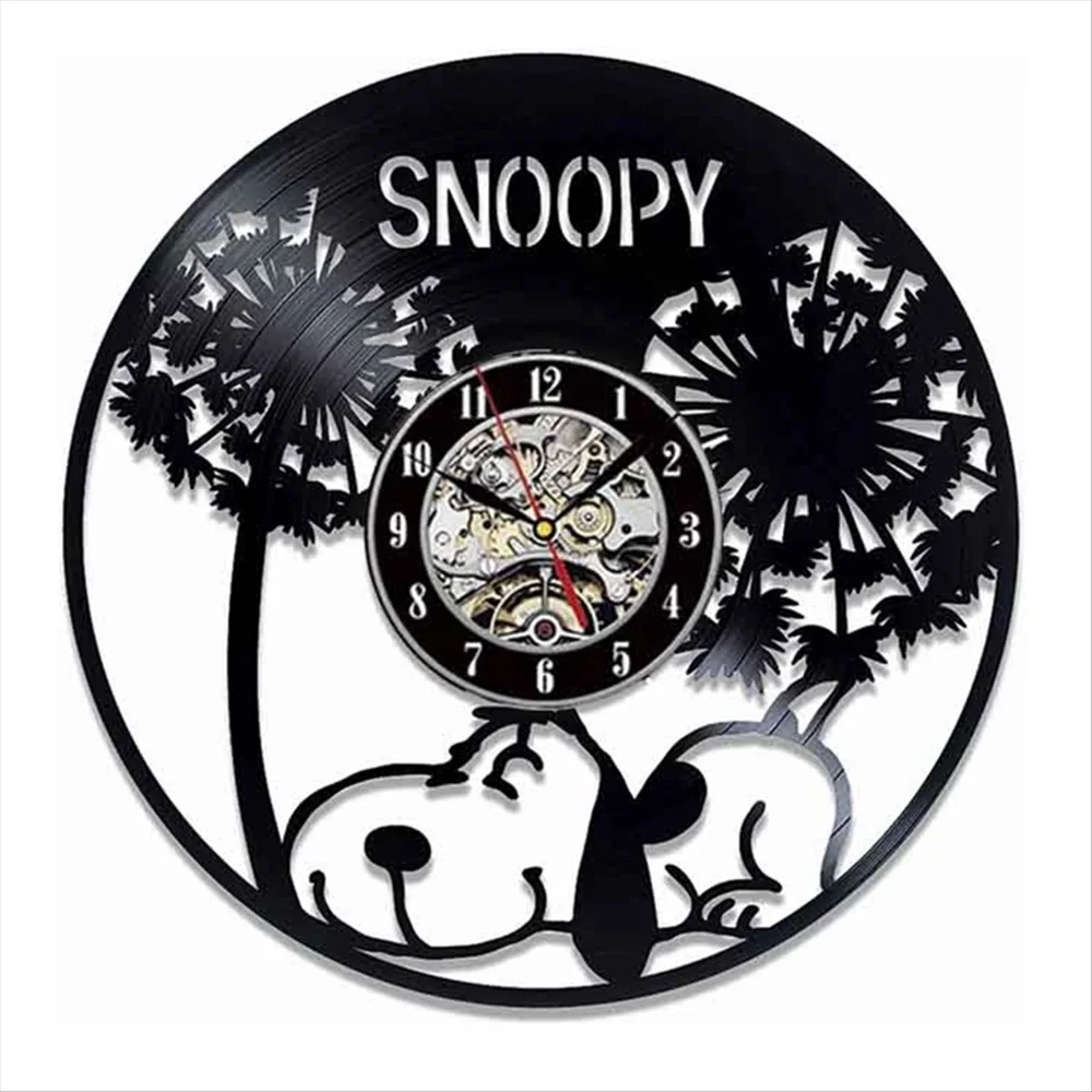 Snoopy Wall Clock Made Of Vinyl Record Cartoon Laser Etched Wall Watch With LED Disk Crafts Decor Kids Gifts