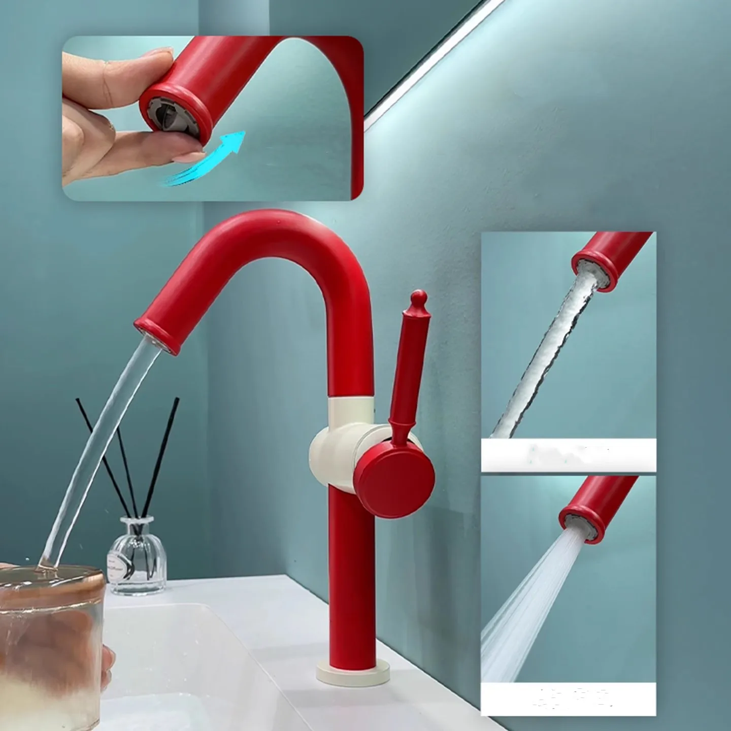 

New Bathroom Basin Faucet White Red White Sink Mixer Tap Hot & Cold Deck Mounted Lavatory Crane Water Tap Rotation Sink Mixer