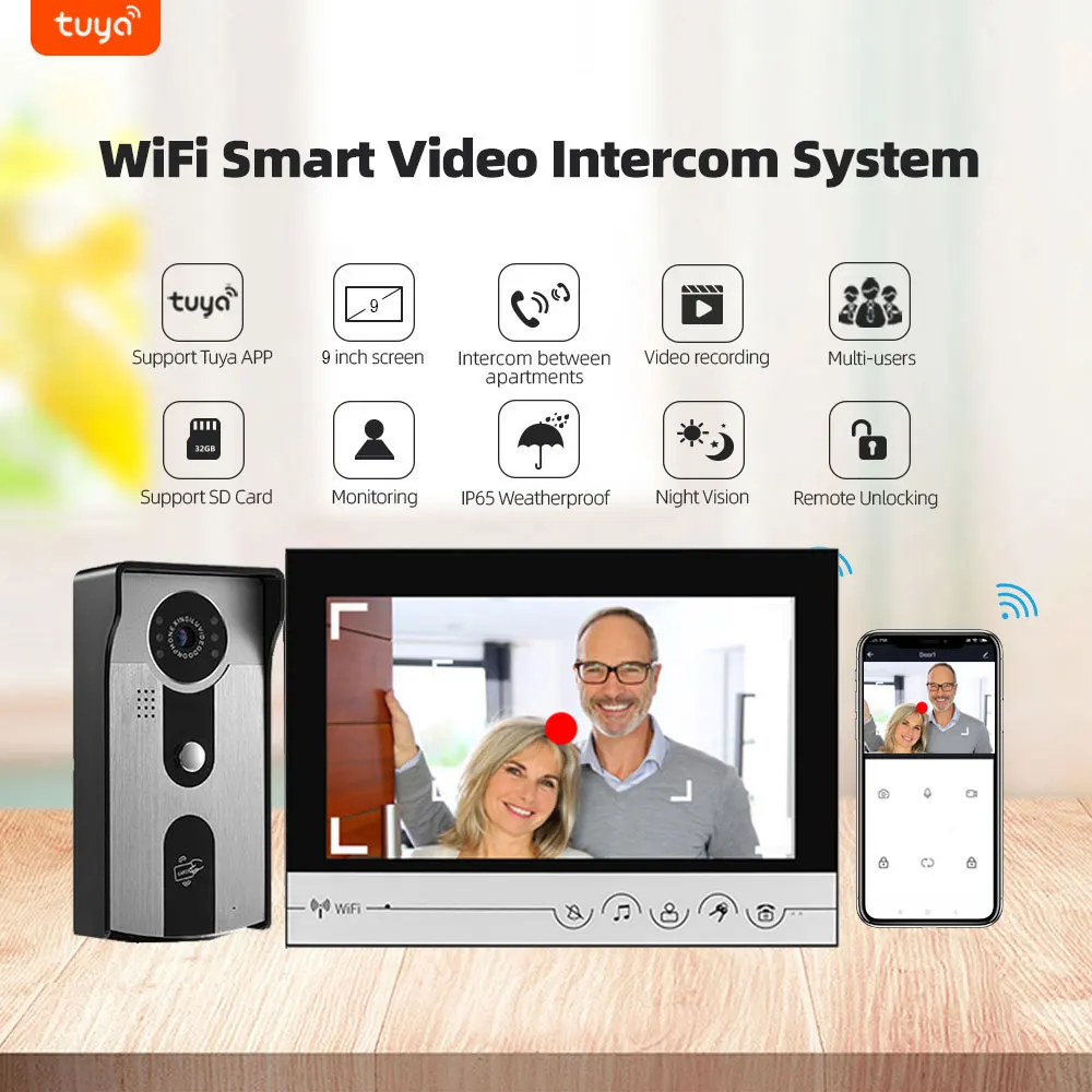 New 9 Inch MonItor Video Door Wireless Tuya WiFi Video Door Phone Smart Home Video Intercom System with RFID Unlock Camera