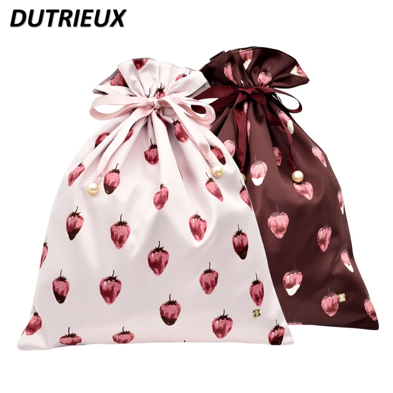 Ladies Sweet Big Strawberry Travel Portable Cosmetic Drawstring Bag for Women Sweet Cute Underwear Storage Make Up Bag Female