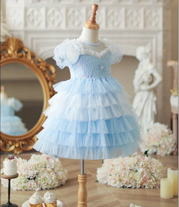 Retail New Baby Summer Girls Boutique Sequined Mesh TuTu  Dress, Princess Kids Sweet Fashion Blue Party Dress  3-8T